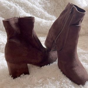 Brown suede boots, bootie fit, size 7.5 M, brand Sugar